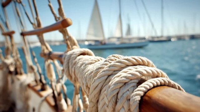Close‑up of thick rope coiled tightly around a wooden spar on a sailing ship. Concept of secure connection and maritime adventure.