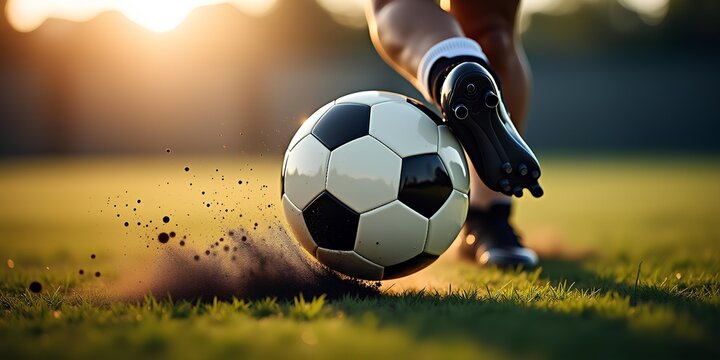 a soccer ball being kicked by a player wearing black cleats - Powered by Adobe