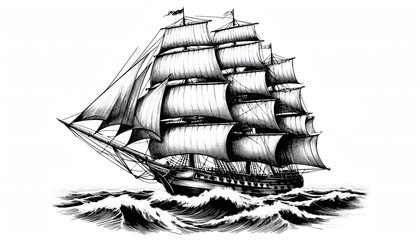 sailing ship waves glide full sails black white contour ink drawing sea ocean boat vessel monochrome voyage journey poetic