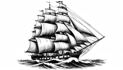 sailing ship waves glide full sails black white contour ink drawing sea ocean boat vessel monochrome voyage journey poetic