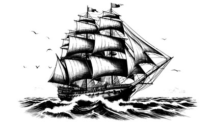 sailing ship waves glide full sails black white contour ink drawing sea ocean boat vessel monochrome voyage journey poetic