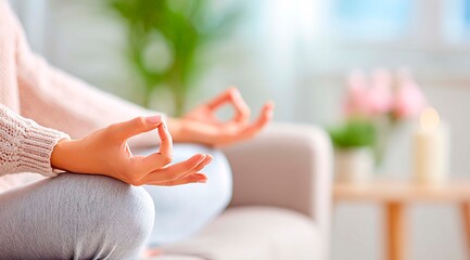 Close-up of a woman's hands meditating in the lotus position. In the background is a living room decorated in white and light colors. Calm atmosphere, banner relax yoga