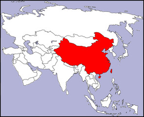 Fototapeta premium China country map, Map of Asia highlighting China with clear borders, no text, ideal for educational, editorial, geopolitical, and infographic purposes.
