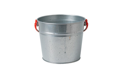 Galvanized Metal Bucket – Empty Round Light Gray Pail with Red Plastic Handles and Textured Surface Isolated on Transparent Background