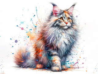 Maine Coon cat in watercolor
