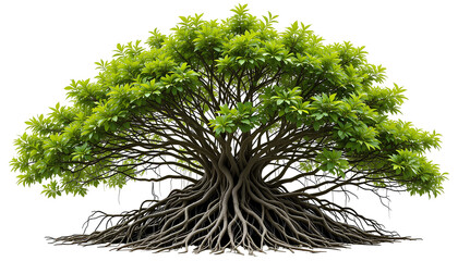 Lush Mangrove Tree with Aerial Roots – Vibrant Green Foliage and Detailed Branching Structure Isolated on Transparent Background