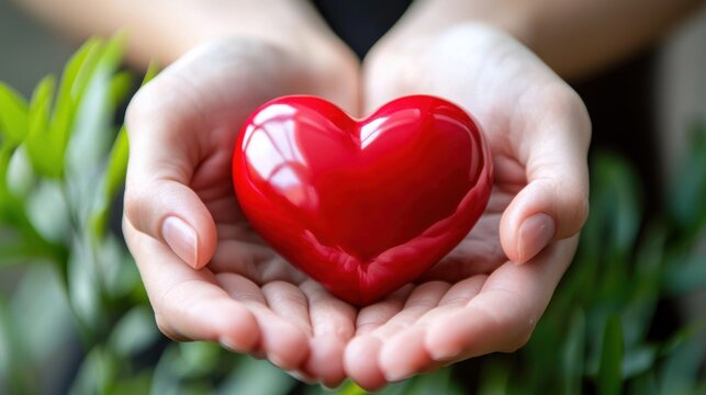 Two hands holding a red heart-shaped object in front of green foliage.
