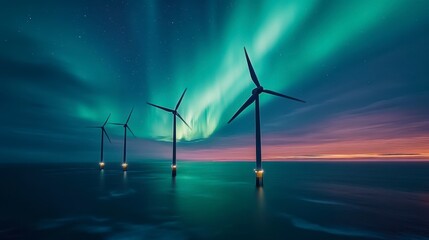 Stunning aurora borealis lights illuminating offshore wind turbines at night.