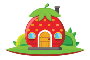 Whimsical Strawberry House Illustration Red Berry Home with Door, Windows, and Greenery Details