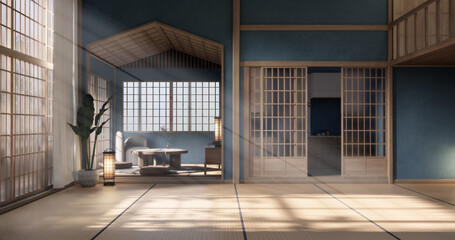 Chabudai japan traditional low table and decoration on minimal Japandi room japan style.3D rendering