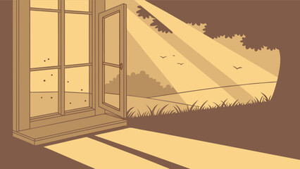 Illustration of open window with sunlight streaming in showcasing nature landscape view outside the window