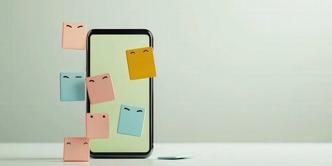 Productivity Tools management remote concept. Digital phone surrounded by colorful sticky notes with smiling faces.