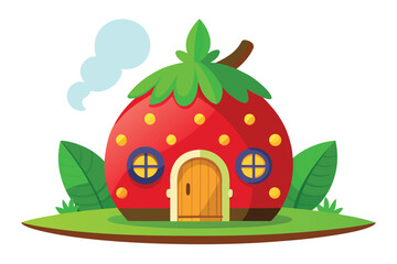 Whimsical Strawberry House with Round Windows on Green Lawn and Light Blue Smoke