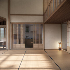 Mock up Tatami mat floor big empty room japanese traditional style. 3D rendering