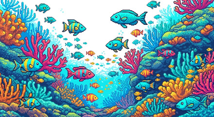 Pixel Art Coral Reef Scene with Vibrant Fish