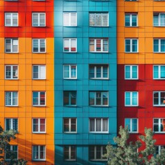 Multi-story building facade in vibrant orange, red, and teal, featuring numerous uniformly-sized windows, partially shadowed by foliage