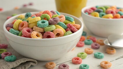 Colorful Cereal Rings in White Bowl, High Angle Close-up Food Photography, Breakfast Concept, Sweet Treats Froot Loops, Cereal
