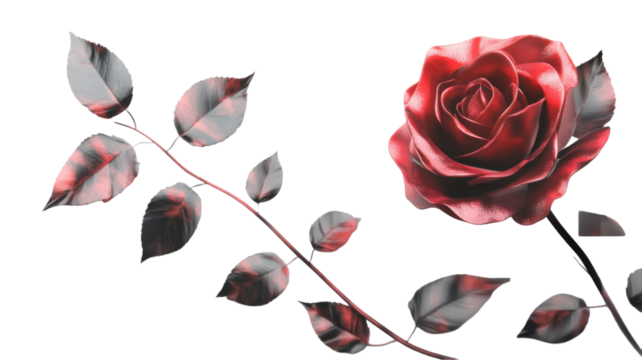Red rose petals with leaves isolated on white background