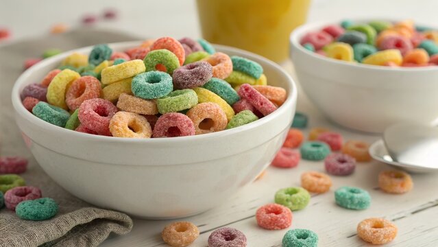 Colorful Cereal Rings in White Bowl, High Angle Close-up Food Photography, Breakfast Concept, Sweet Treats Froot Loops, Cereal
