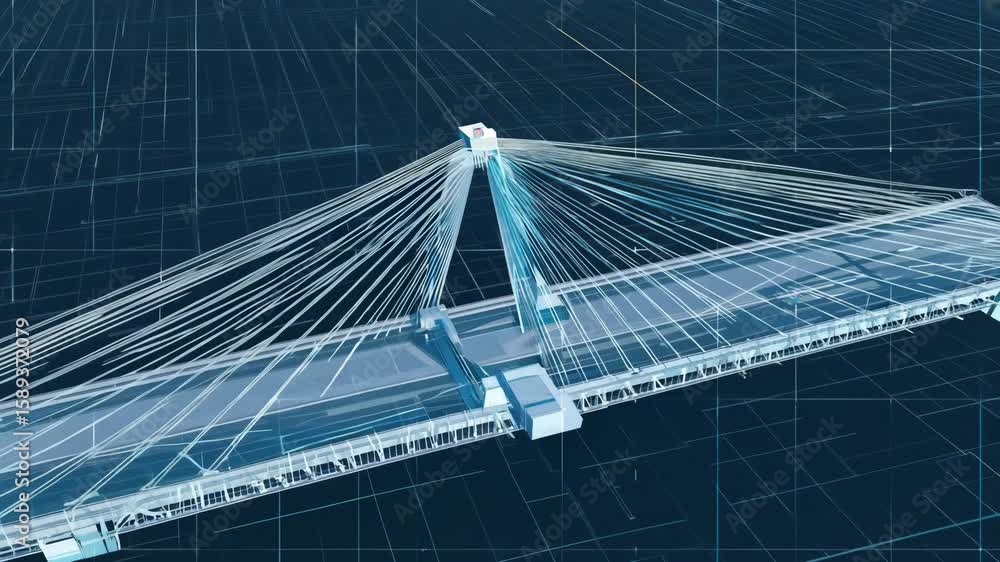 Poster a video timelapse reveals a 3d style cable‑stayed bridge forming piece by piece in glowing blueprint