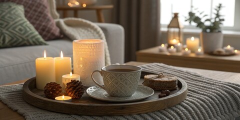 Fototapeta premium Cozy Hygge Night Candles, Tea, Wooden Tray, Warm Lighting, Home Decor, Autumn Vibes, Winter Comfort Hygge