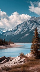 Fototapeta premium High-quality stock image of a nature landscape with mountains and lake, suitable for commercial use.