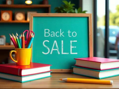 Back to school sale sign on chalkboard surrounded by books, pencils, and a mug.
