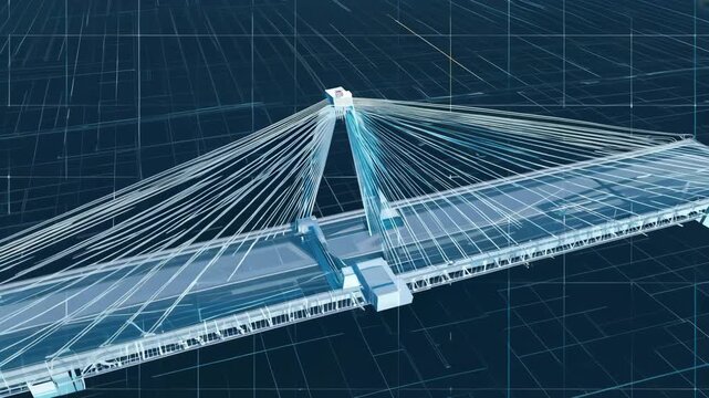 A video timelapse reveals a 3d style cable‑stayed bridge forming piece by piece in glowing blueprint lines. Concept of cutting‑edge engineering and infrastructure evolution.
