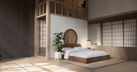 Bedroom Japanese traditional and mattress bed on floor and decoration japanese . 3D rendering