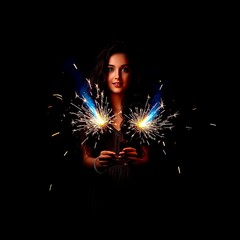 Young Woman Holding Sparklers in the Dark, Festive Celebration