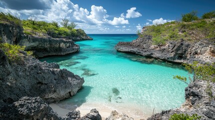 Fototapeta premium Crystal-clear turquoise water nestled within a rocky cove.