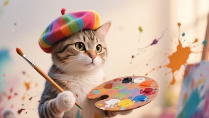 Whimsical Cat Artist A charming tabby kitten painting with colorful beret and palette full of art supplies