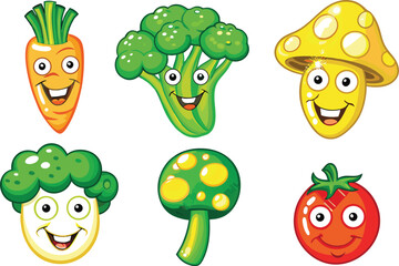 Naklejka premium Happy Cartoon Vegetables and Mushrooms Set