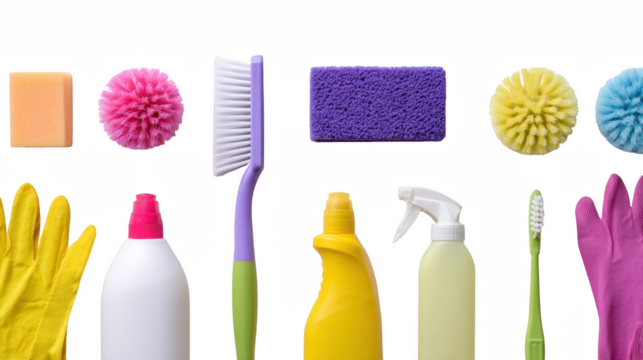 A colorful collection of cleaning supplies and tools are arranged on a transparent background
