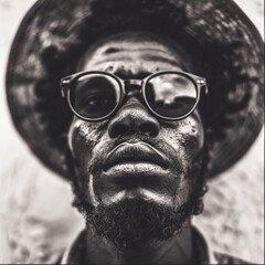 Black and white portrait of African man wearing sunglasses and hat