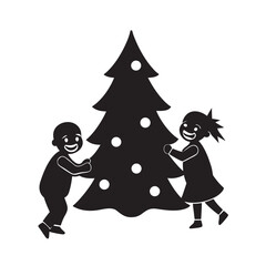 Kids Playing Hide And Seek Around Christmas Tree Silhouette
