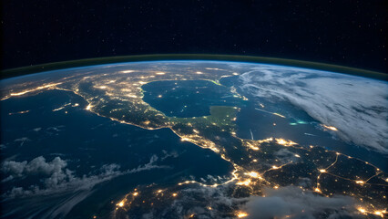 Obraz premium Earth at night view from space with city lights glowing