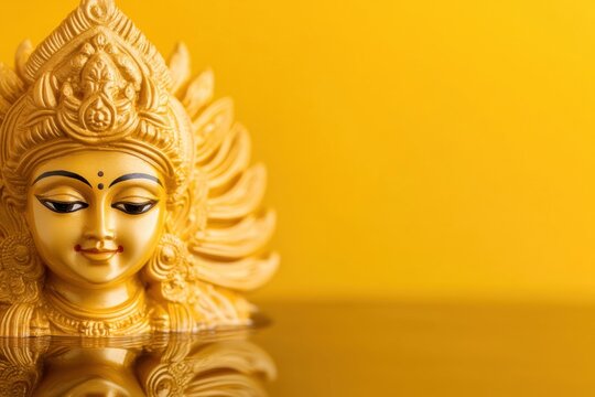 Divine Aura: A beautifully crafted statue of a deity radiates tranquility, its intricate details and serene expression evoke reverence and spiritual enlightenment, immersed in a calming golden hue.