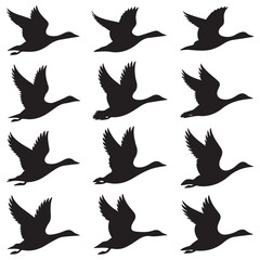Elegant swans gracefully soar through the sky in a dynamic silhouette migration pattern against a clean, white backdrop.