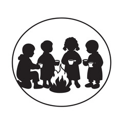 Kids Sitting Around Fireplace Silhouette Art