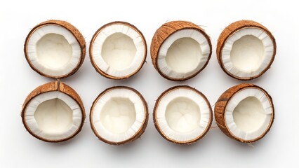 Eight Halved Coconuts Flatlay Tropical Food Photography, White Background, Minimalist Composition coconut, food photography
