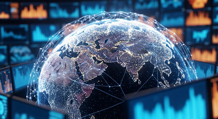 Digital globe with illuminated nodes and connecting lines, surrounded by glowing data screens, showcasing global network connectivity and data visualization