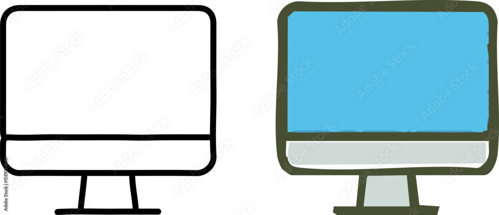 Fototapete hand-drawn desktop computer icons set featuring a black outline and a colored version with a blue sc