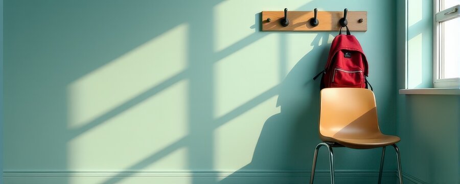 A red backpack hangs on a chair in a bright classroom with sunlight streaming through windows.