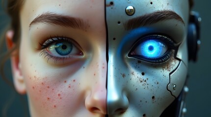 A close-up portrait of a face, half human and half cyborg with a glowing blue eye. Explores themes of artificial intelligence, transhumanism, and the future of technology.