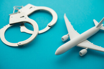 Airplane and handcuffs on blue background. Airlines passenger arrested after bringing weapon on plane, stealing, open emergency plane door, sexual harassment and so on concept.