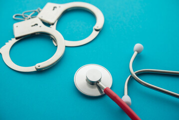 Handcuffs and stethoscope on blue background. Medical crime, services without a license, malpractice and so on. Medical law rules regulations in the health care industry and its patients concept.