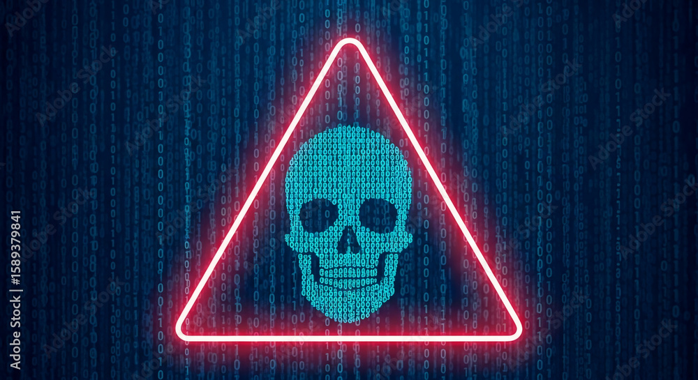Poster digital skull within a red warning triangle, set against a binary code background, symbolizing cyber