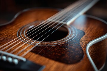 Fototapeta premium Detailed Texture of Acoustic Guitar Wood and Strings in Soft Lighting for Music-Themed Design