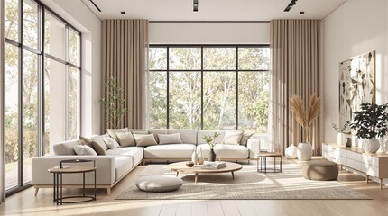 Sunlit Minimalist Living Room Interior Design with Large Panoramic Windows